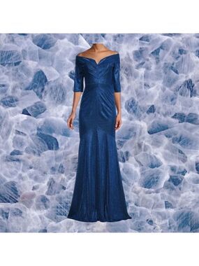 Rene Ruiz Metallic Blue Off the Shoulder Gown Size 10